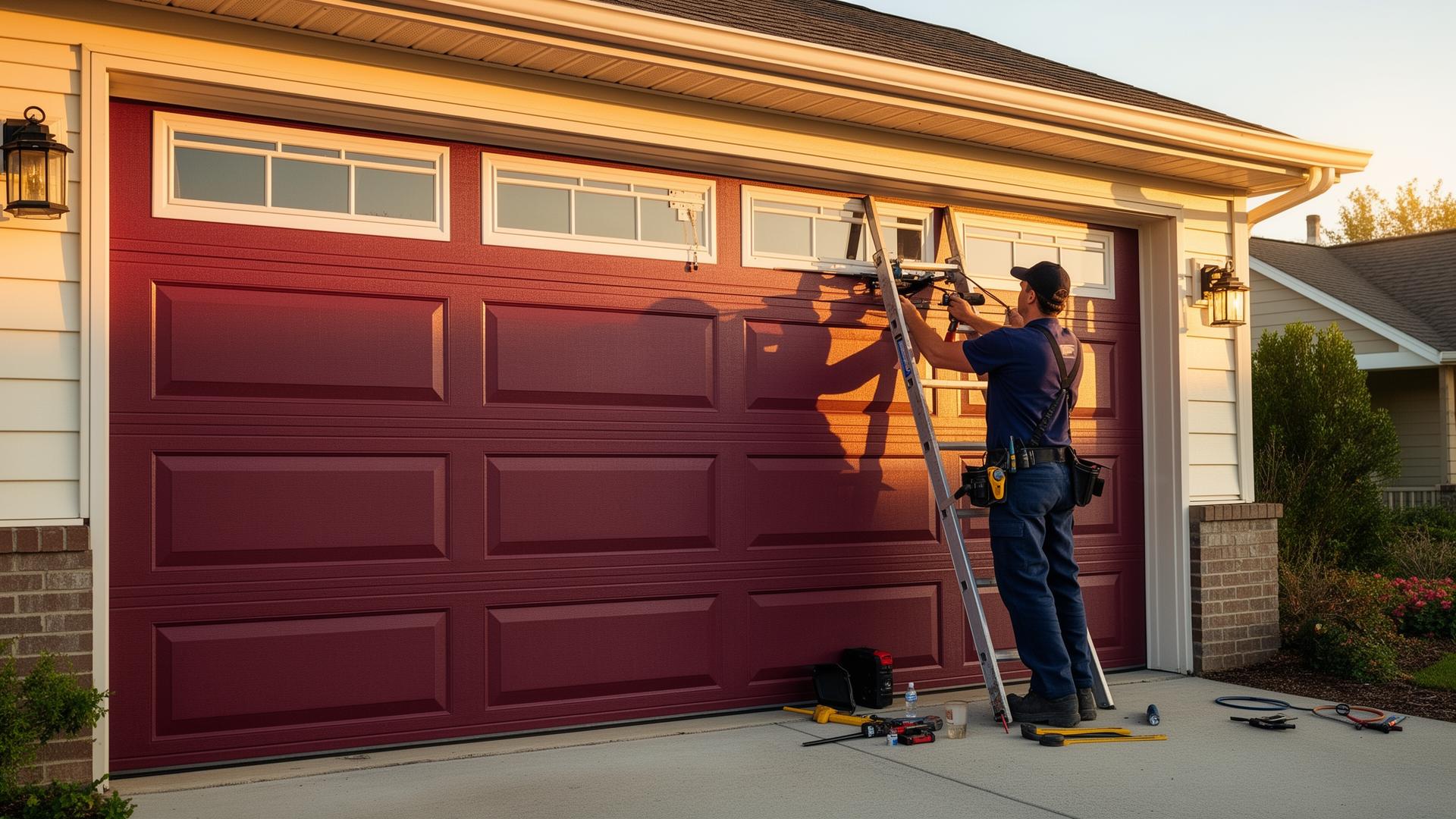 Professional garage door repair technician working on residential garage door in Mukilteo